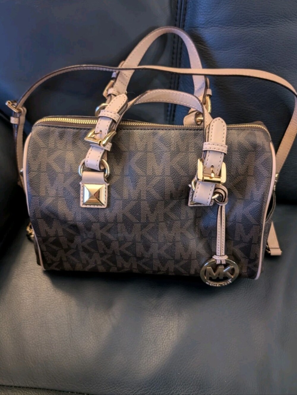 Michael Kors Grayson Brown Monogram Handbag W/Beige Straps & Gold Tone Hardware